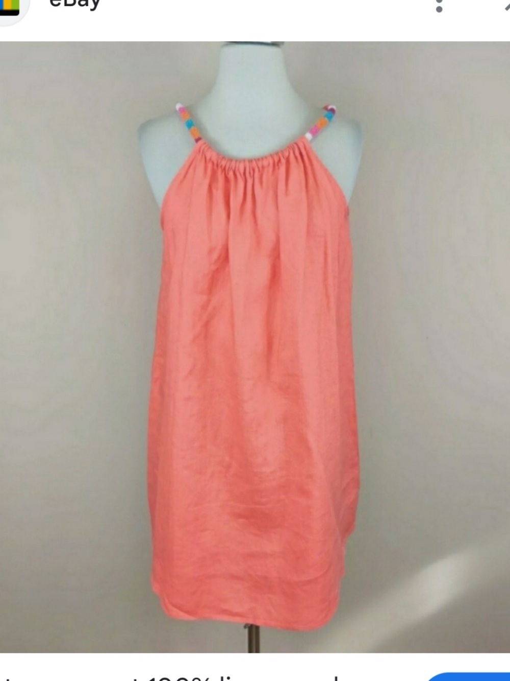 St Tropez L Coral Halter Shift Dress with Colorful Beaded Straps Linen